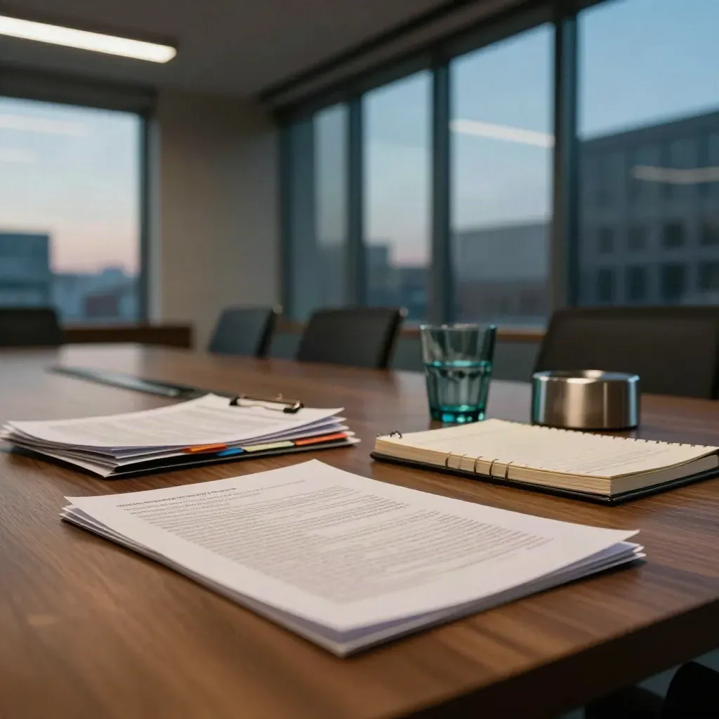After-hours team review table with packets, tabs, and city reflections at dusk.