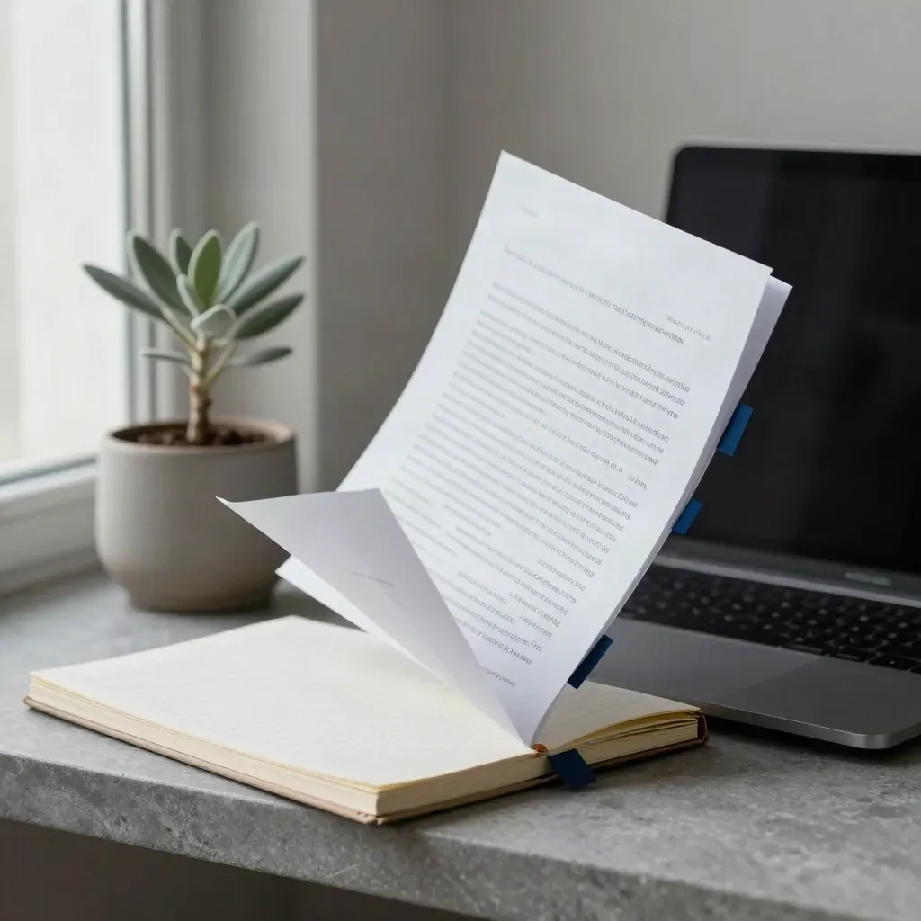 Paper pages flutter beside a closed laptop on a sunlit windowsill with tabs and a small plant.