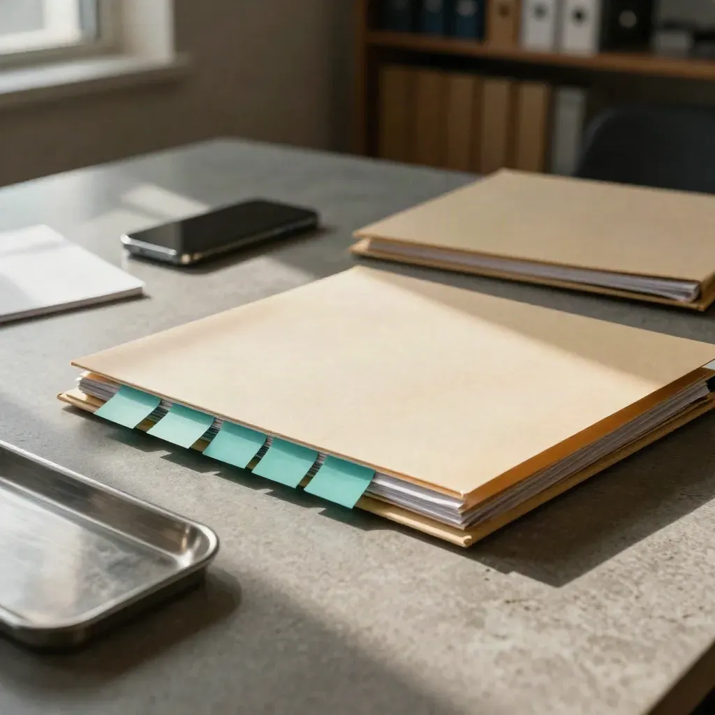 Fact-check workspace with tabs, closed binder, phone, and archive folder on stone table