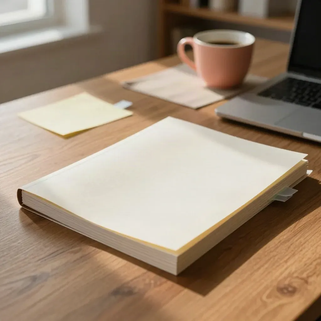 Office desk with memo stack, closed laptop, tabs, and coffee cup in warm light.