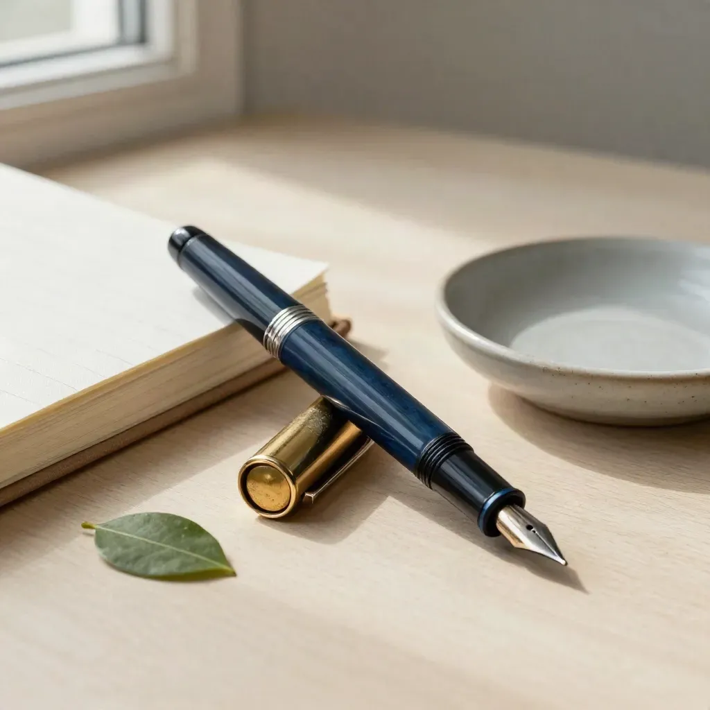Fountain pen, linen notebook, ceramic dish, and leaf cutting on pale wood in soft window light.